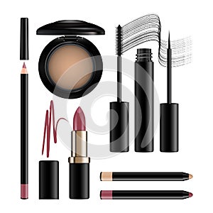 Makeup cosmetics set isolated on white. Eye shadow, eyeliner, go