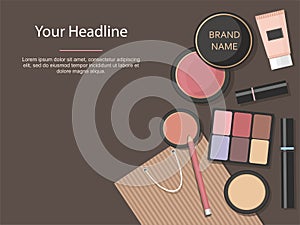 Makeup cosmetics set. Various beauty products isolated on brown background.