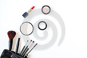 Makeup cosmetics tools background and beauty cosmetics, products and facial cosmetics package lipstick, eyeshadow on the white bac