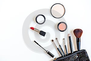 Makeup cosmetics tools background and beauty cosmetics, products and facial cosmetics package lipstick, eyeshadow on the white bac
