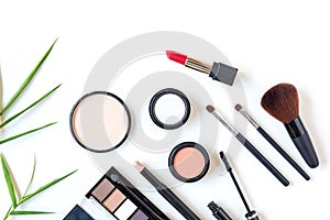 Makeup cosmetics tools background and beauty cosmetics, products and facial cosmetics package lipstick, eyeshadow on the white bac