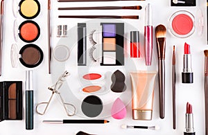 Makeup cosmetics tools and essentials, flat lay on white background