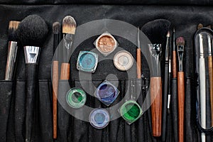 Makeup cosmetics. Work set for a beautician. Flat lay