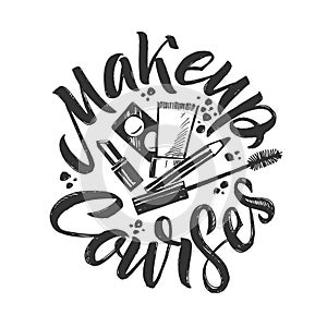 Makeup Courses Vector Logo. Hand Drawn Illustration of cosmetics. Round Lettering illustration