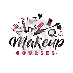 Makeup Courses Vector Logo. Illustration of cosmetics. Beautiful Lettering illustration