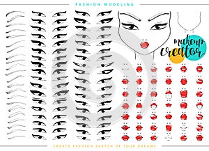 Makeup creator. Set for fashion modeling female faces. Face chart