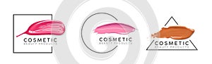 Makeup design template with place for text. Cosmetic Logo concept of liquid foundation, nail polish and lipstick smear