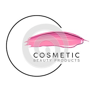 Makeup design template with place for text. Cosmetic Logo concept of liquid nail polish and lipstick smear strokes.