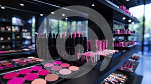 Lipstick and Makeup Palette Display in Cosmetics Store