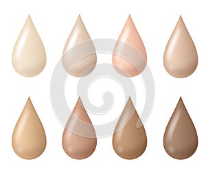 Makeup drops. Woman liquid bb cream foundation beige tints, cosmetic skin fluid tones, creamy texture droplets. Vector