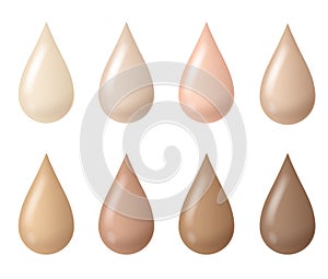 Makeup drops. Woman liquid bb cream foundation beige tints, cosmetic skin fluid tones, creamy texture droplets. Vector photo