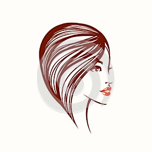 Makeup, hairstyle, beauty salon logo. Beautiful smiling woman portrait.