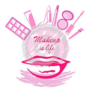 Makeup if life concept with lips cream brush mascara eyeshadow