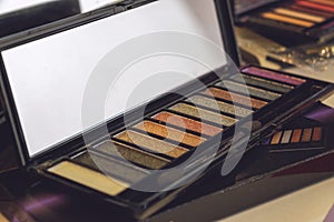 Makeup Kit for professional makeup. Bright Color eye shadow palette, set. Closeup of professional makeup kit