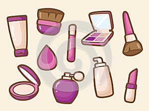 Makeup kit set, illustration of make up kit and cosmetic in cute cartoon style