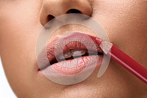 Makeup Lips. Beautiful Woman Lips With Lip Pen, Liner, Pencil