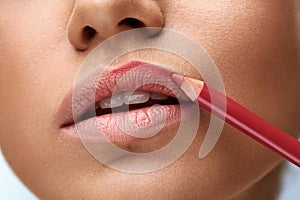 Makeup Lips. Beautiful Woman Lips With Lip Pen, Liner, Pencil