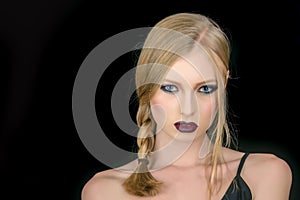 Makeup look and skincare of sensual girl. Hairdresser and beauty salon. Girl with pigtail blond hair. woman with