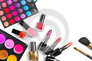 Makeup. Make-up Set Palette with colorful eyeshadows. Various cosmetics Brushes, lipgloss, lipstick, rouge, eyeshadow