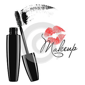 Makeup mascara tube, brush and stain isolated vector illustration photo