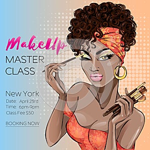 Makeup master class banner with beautiful brown skin tone woman, modern pin up style. Pop-art beauty brown lady with curly hair ap
