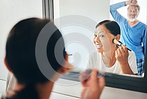 Makeup, mirror and woman in bathroom with couple together in morning, routine and conversation. People, talking or happy