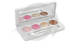 Cosmetics palette with blush, highlighter, and bronzer, isolated on white