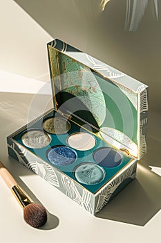 A makeup palette with six different shades of blue eyeshadow