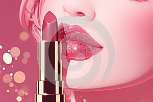 Makeup perfection Pink background highlights the allure of lipstick