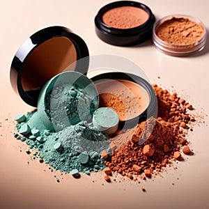 Makeup powder, colorful brown and cream foundation cosmetic for women photo
