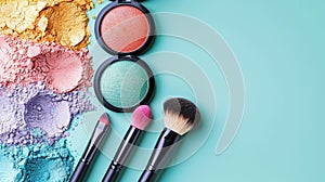 Makeup powders in various colors with brushes on a two-tone background.