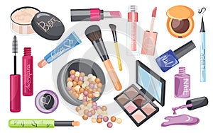 Makeup products assortment set with eye-shadow, face powder, lipstick, mascara, skin corrector