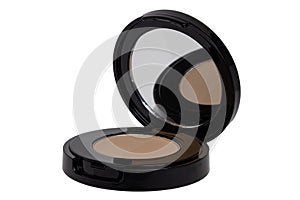 Makeup products. Closeup of a elegant opened box of brown eyebrow powder isolated on a white background. Concept beauty. Macro