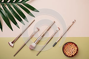 Makeup products, Fashion beauty cosmetic make up Set, facial brushes, blush, copy space