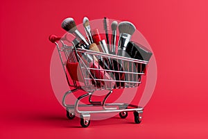 Makeup products in shopping cart on red background. Lipstick, mascara, lip gloss, brushes, nail polish. Shopping cart full of