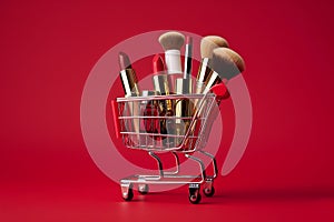 Makeup products in shopping cart on red background. Lipstick, mascara, lip gloss, brushes, nail polish. Shopping cart full of