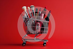 Makeup products in shopping cart on red background. Lipstick, mascara, lip gloss, brushes, nail polish. Shopping cart full of