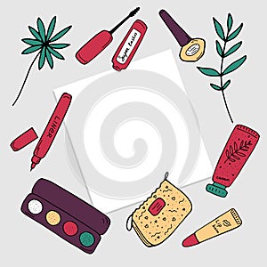 Makeup products on table. Copy space for ypur text. Beauty cosmetic concept. Cute flat vector illustration