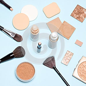 Makeup products to even out skin tone and complexion top view