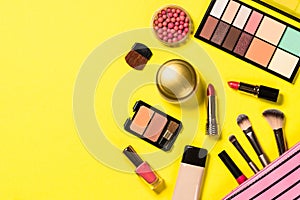 Makeup professional cosmetics on color background.