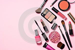 Makeup professional cosmetics on pink background.