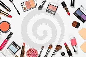 Makeup professional cosmetics on white.