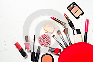 Makeup professional cosmetics on white background.