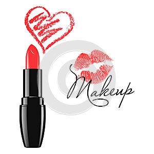 Makeup red lipstick and doodle heart isolated vector illustration