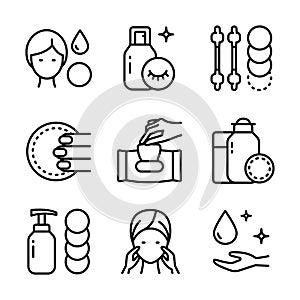 Makeup removal line icons set vector illustration. Outline beauty products from skin of face, facial tissue and cotton pads,