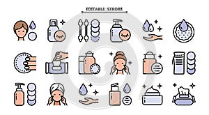 Makeup removal and skin care icons set. Editable stroke. Simple flat style. Vector illustration isolated on white background