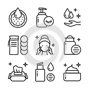 Makeup removal and skin care icons set. Simple outline style. Vector illustration isolated on white background