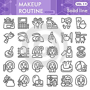 Makeup routine line icon set, skin care and make up symbols collection or sketches. Self care linear style signs for web