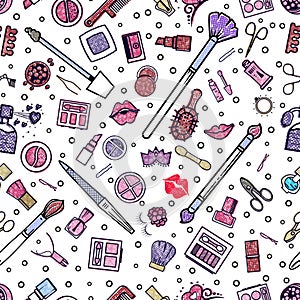 Makeup seamless pattern. Illustrations of different cosmetics. Lipstick and pomade, brushes for make up glamour. Vector