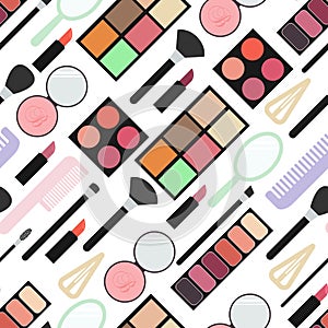 Makeup. Seamless pattern. Makeup kit. Lipstick, eye shadow, blush, lip print, kisses, swatch.